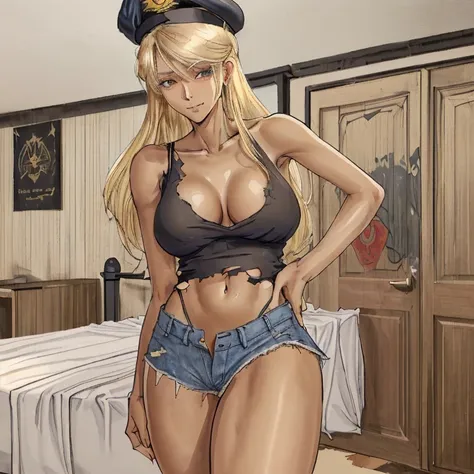 A beautiful blonde woman, long hair, tall body, smitten face, black police hat, white tank top, navel visible, breasts visible, sexy pose, sexy body, torn denim shorts, crotch emphasis, bedroom, only one person in the room