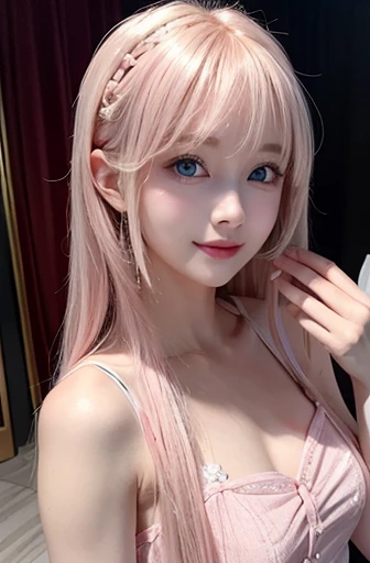 mary rose、blond、Half-length photo、((Cute pink dress))、Very beautiful Swedish 16 year old pretty girl、shiny skin、white skinned、a smile、beautiful bangs、long and straight，絲般美麗的白金blond女郎、shiny hair、Extra long straight hair、Eyeliner、a small face、big breasts、 cr...