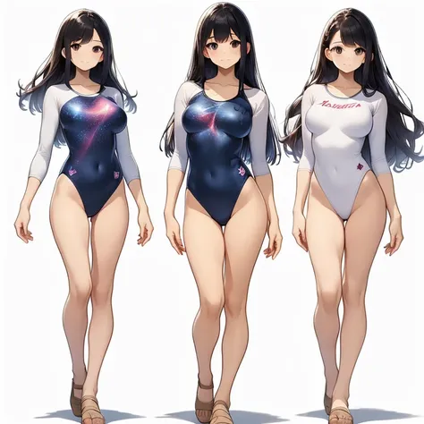 ((full body)),(masterpiece, best quality), (3 girls1.5) ,((Contrapposto:1.5)), looking at viewer, walking,((v_arms:1.2)), （wearing gymnastics_longsleeves_leotard_outfit leotard:1.3),(blue leotard) ,(galaxy print:1.3), BREAK masterpiece black hair, ((long h...