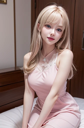 mary rose、blond、Half-length photo、((Cute pink dress))、Very beautiful Swedish 16 year old pretty girl、shiny skin、white skinned、a smile、beautiful bangs、long and straight，絲般美麗的白金blond女郎、shiny hair、Extra long straight hair、Eyeliner、a small face、big breasts、 cr...