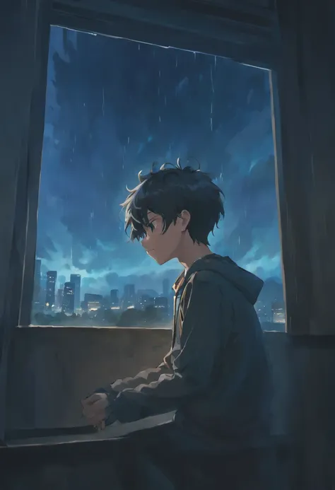 Heartbroken 15 year old boy crying piteously next to a window at night under a thunderstorm