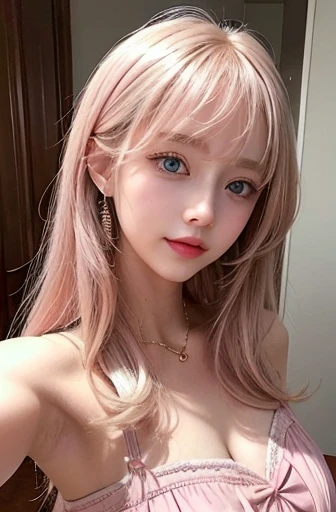 mary rose、blond、Half-length photo、((Cute pink dress))、Very beautiful Swedish 16 year old pretty girl、shiny skin、white skinned、a smile、beautiful bangs、long and straight，絲般美麗的白金blond女郎、shiny hair、Extra long straight hair、Eyeliner、a small face、big breasts、 cr...