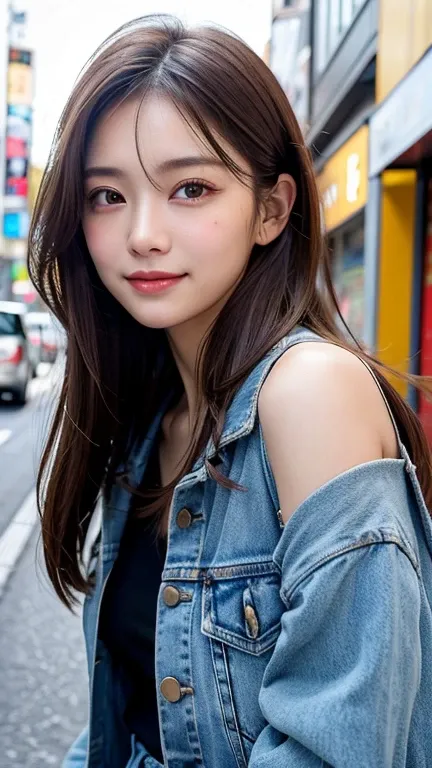 (((Shoulder-length straight brown hair mini bob)))、(((目が細くlight eye makeup)))、(((standing alone on the rider&#39;Jacket and denim against the backdrop of the alleys of Kabukicho at night.)))、(((Please come wearing clothes that cover your arms.)))、Half Japa...