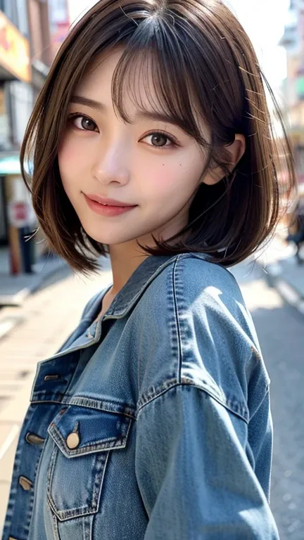 (((Shoulder-length straight brown hair mini bob)))、(((目が細くlight eye makeup)))、(((standing alone on the rider&#39;Jacket and denim against the backdrop of the alleys of Kabukicho at night.)))、(((Please come wearing clothes that cover your arms.)))、Half Japa...