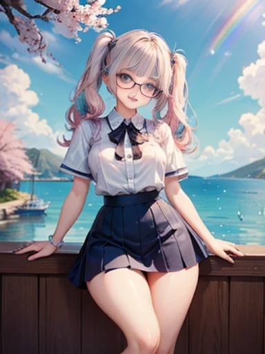 (masterpiece:1.2), (highest quality:1.2),, Curvy but slender body, perfect eyes, perfect face, perfect lighting, 1 girl,(rainbow colored hair, colorful hair, Half blue、half pink hair: 1.2),  cherry blossoms、 Glasses、（Cute floral shirt），（whole bodyが見える），spr...