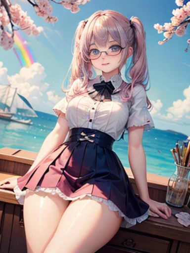 (masterpiece:1.2), (highest quality:1.2),, Curvy but slender body, perfect eyes, perfect face, perfect lighting, 1 girl,(rainbow colored hair, colorful hair, Half blue、half pink hair: 1.2),  cherry blossoms、 Glasses、（Cute floral shirt），（whole bodyが見える），spr...