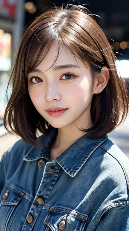 (((Shoulder-length straight brown hair mini bob)))、(((目が細くlight eye makeup)))、(((standing alone on the rider&#39;Jacket and denim against the backdrop of the alleys of Kabukicho at night.)))、(((Please come wearing clothes that cover your arms.)))、Half Japa...