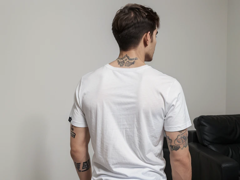 man with tattoo on his back wearing a simple plain basic t-shirt without print and full body