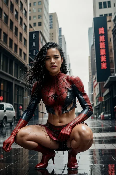 Michelle Rodriguez、squatting down、マーベル・コミック映画のposter, very beautiful, movies about spiderman, sexy, whole body, Im wearing a skirt、premiere date, poster、belly buttonを突き出す、new york、she&#39;s wearing a torn spiderman suit,the suit is torn、wearing a skirt、 re...