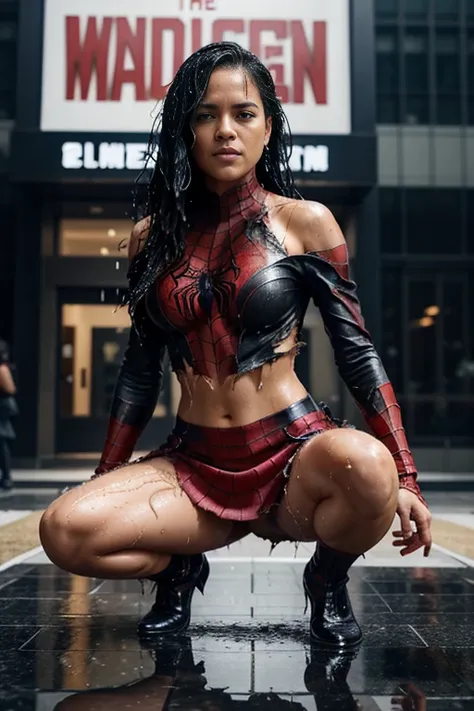 Michelle Rodriguez、squatting down、マーベル・コミック映画のposter, very beautiful, movies about spiderman, sexy, whole body, Im wearing a skirt、premiere date, poster、belly buttonを突き出す、new york、she&#39;s wearing a torn spiderman suit,the suit is torn、wearing a skirt、 re...