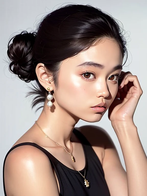 (Ogawa Noriko)、1 girl, alone, short hair, simple background, brown hair, black hair, dress, jewelry, Upper body, earrings, parted lips, necklace, bun hair, black eye, lips, single bun hair, ring, realistic,
