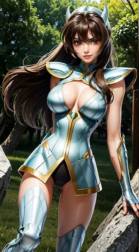 Shaina_from_Saint_Seiya,1girl,beautiful_girl,very_sexy_body,perfect_big_breasts,perfect_big_ass,solo,long_hair,looking_at_viewer,gloves,closed_mouth,green_eyes,standing,pantyhose,hairband,outdoors,green_hair,sky,day,belt,fingerless_gloves,armor,leotard,lip...