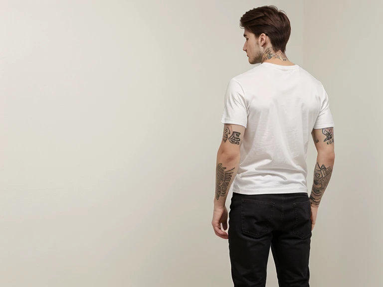 full body back man with tattoo wearing simple plain basic t-shirt without print