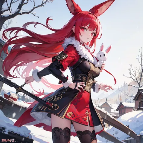 Huntress girl holding a bunny in the snow,oriental,Blade and Soul,ink style,long red hair,leather and fur coat,Cold,Artwork,3D,4K,Detailed,Realistic