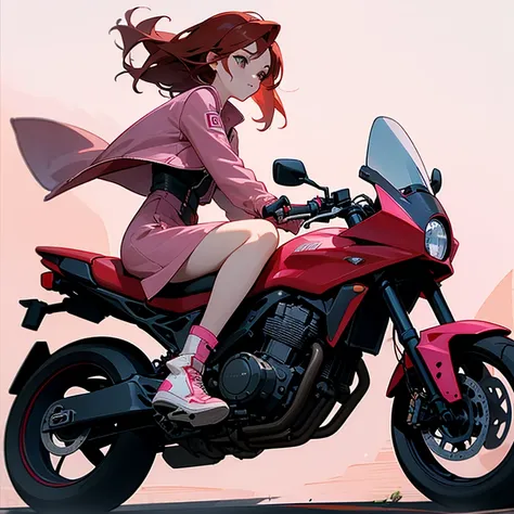 hay una mujer en una moto rojo, with medium red hair without cap dark brown eyes, He is on a road at night he has a pink jacket, un vestido zapatillas blancas 