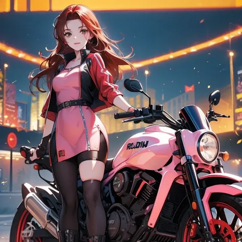 hay una mujer en una moto rojo, with medium red hair without cap dark brown eyes, He is on a road at night he has a pink jacket, un vestido zapatillas blancas 