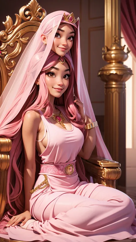 (masterpiece), (ultra detailed), (perfect face), 20 year old Brunei girl, really long pink hair, brown eyes, slim body, super big tits, super sexy, full body, wearing a wedding veil, wearing an Arabic style tank top, wearing a pink sanitary napkin, sitting...