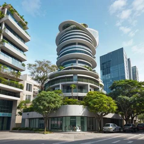 urban commercial building with contemporary architecture with 40 floors in a rounded shape with a tropical garden in front and located on a street with trees of colorful flowers