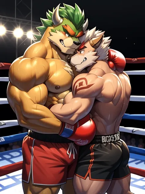 Duo male fighters(Fox Mcloud vs Bowser, handsomes, Thick eyebrows), beso gay((Cuddling embraced in a boxing match)(cuddling body frottage)), hot(Full body, shirtless), handsomes(They are handsomes, correct anatomy), musculosos(Big muscle bodies, Six packs,...