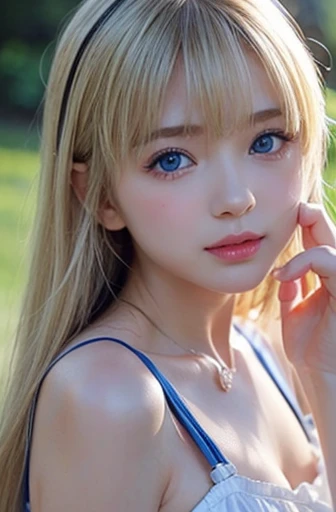 slender figure、shiny and beautiful fair skin、blonde hair changes color when exposed to light、long bangs block sight、highlight ch...