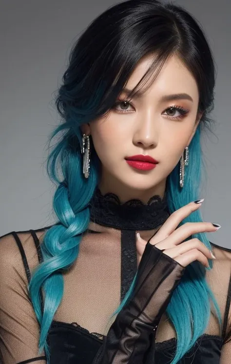 portrait of a mode business hairstyle for autumn and winter, hair over one eye, cyan hair color, layered shoulder length cyan ha...