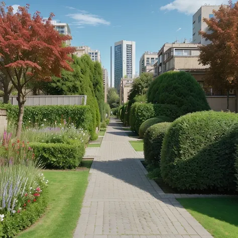 Panoramic photo of an avenue in a contemporary city with gardens along the route