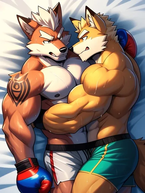 Duo male fighters(Fox Mcloud vs Gray Wolf, handsomes, Thick eyebrows), beso gay((Cuddling embraced lying down body with body in a bed)(cuddling body frottage)), hot(Full body, shirtless), handsomes(They are handsomes, correct anatomy), musculosos(Big muscl...