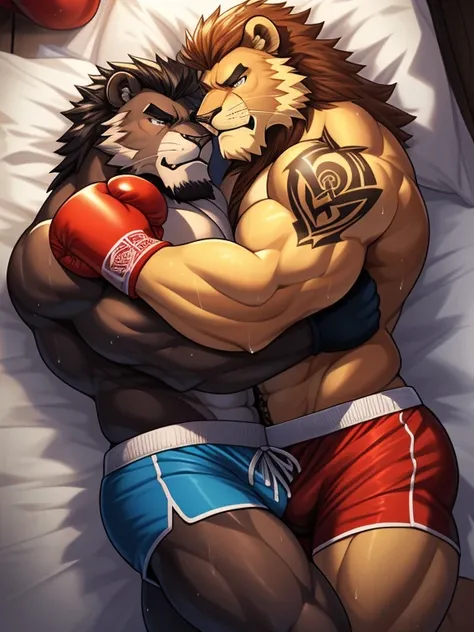 Duo male fighters(Muscle Brown Lion vs Muscle black Lion, handsomes, Thick eyebrows), beso gay((Cuddling embraced lying down body with body in a bed)(cuddling body frottage)), hot(Full body, shirtless), handsomes(They are handsomes, correct anatomy), muscu...