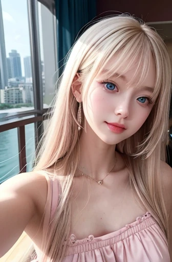 mary rose、blond、Half-length photo、((Cute pink dress))、Very beautiful Swedish 16 year old pretty girl、shiny skin、white skinned、a smile、beautiful bangs、long and straight，絲般美麗的白金blond女郎、shiny hair、Extra long straight hair、Eyeliner、a small face、big breasts、 cr...