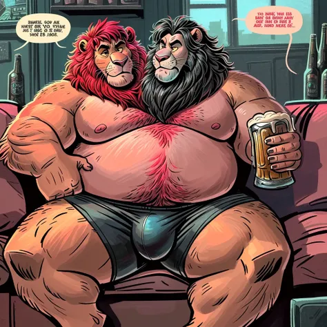 solo, (lion), two heads one body, (adult male, 50 year old male, (detailed eyes:1.2, cartoon eyes), (by dramamine, by disney), (burly, manly, beefy, obese, red hair, black hair)), garage background, (shirtless, black athletic shorts, bulge), correct hands,...