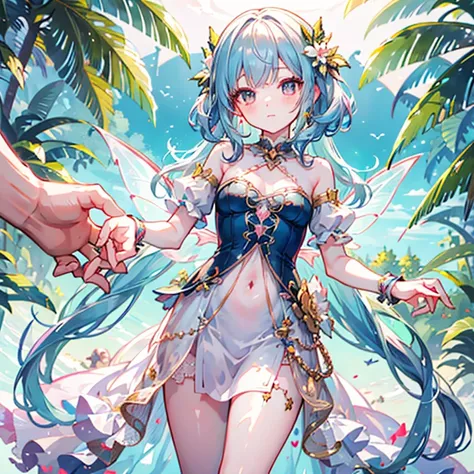 Tiny fairy girl standing in the palm of a human girl’s hand. Small pretty delicate wings on fairy, human face in frame. Small fairy girl on human hand.