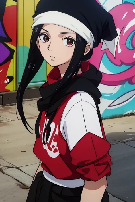 Anime, girl, cool, charismatic, black hair, dark brown eyes, durag, graffiti