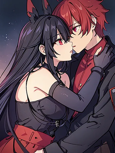 Pareja heterohombre y mujer, hombre:1.1,( con cuernos rojos:1.3), pelo negro, ojos rojos:1.5, cara masculina),  Mujer loba, (pelo gris, ojos rojos:1.5, bonito rostro femenino), obra maestra de anime, high resolution, HD definition.