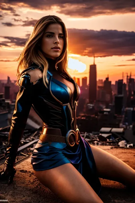 Emily Bett Rickards、lying down、torn suit、Im wearing a skirt、masterpiece, 1 girl, マーベルのサイロックとしてbeautiful女性, X-Men Psylocke Cosplay、purple suit、Fine and delicate features, futuristic new york background, Science fiction, blonde, super heroine, heroic, perfec...