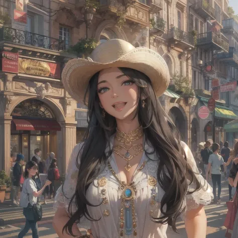 masterpiece, excellent quality, Super detailed, 8K drawing under CG Unity, woman looking directly at viewer, summer topics, attractive and happy look, in the heart of paris, smile, Long black hair and cowboy style.