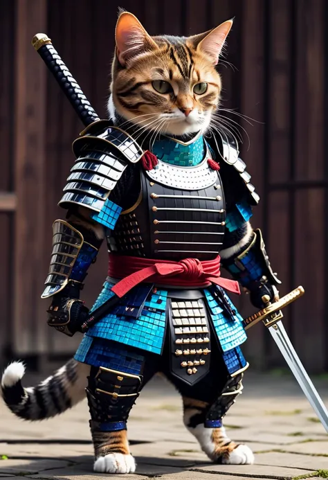 samurai cat with sword on the back with pixel fashion armor