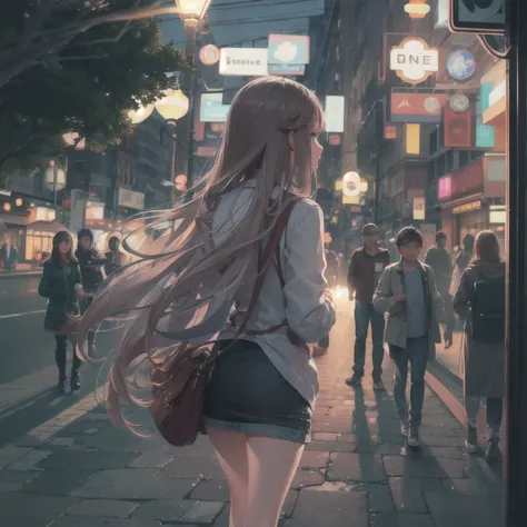 in the evening, The light is on, street, transportation, crowd, A girl with long hair walks alone