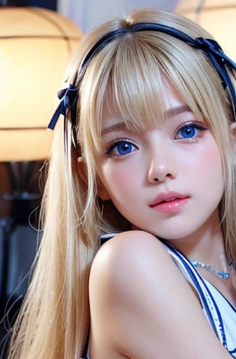 shiny and beautiful fair skin、blonde hair changes color when exposed to light、long bangs block sight、highlight cheek glow、sexy a...