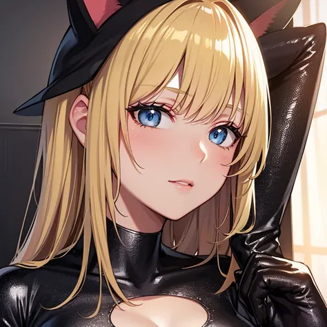 Detailed face and skin texture, Beautiful woman, blonde middle hair, cat suit