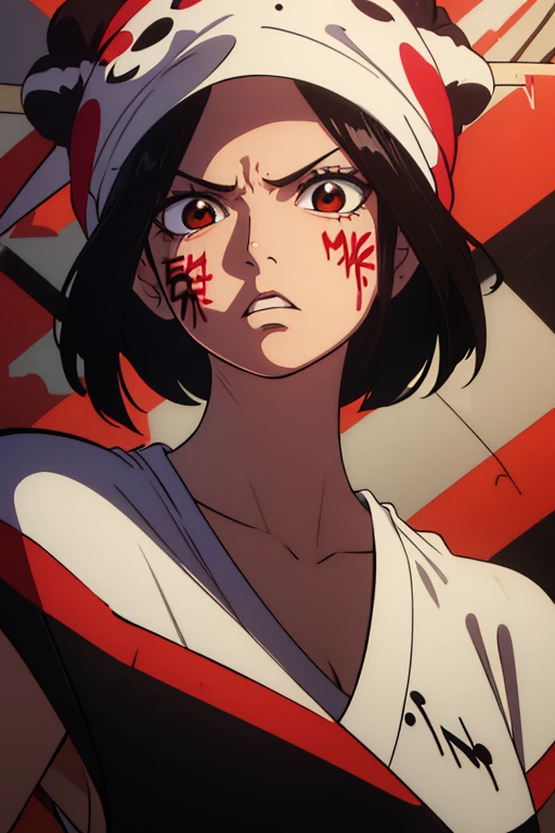 (best quality,4k,8k,highres,masterpiece:1.2), ultra-detailed, Animated, girl, mature face, long black hair, brown eyes, black hair, short hair, Fighting scene, determined, punc, angry face, red face, graffiti, girl graffer, durag