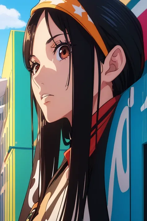 (best quality,4k,8k,highres,masterpiece:1.2), ultra-detailed, Animated, girl, mature face, long black hair, brown eyes, black hair, graffiti, girl graffer, durag, cool girl, flat , painting a wall with mugiwara flag