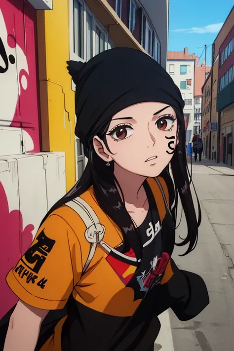 (best quality,4k,8k,highres,masterpiece:1.2), ultra-detailed, Animated, girl, mature face, long black hair, brown eyes, black hair, graffiti, girl graffer, durag, cool girl, flat , painting a wall with mugiwara flag