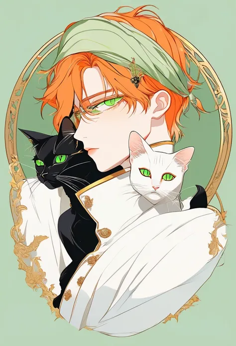 Masterpiece, ultra-detailed, Anime boy, pouty lips, long layered orange hair, light green eyes, white clothes, white prince outfit, one black cat in circle, simple yet elegant design, white background with gold border, vectorised and silhouetted, full-HD a...