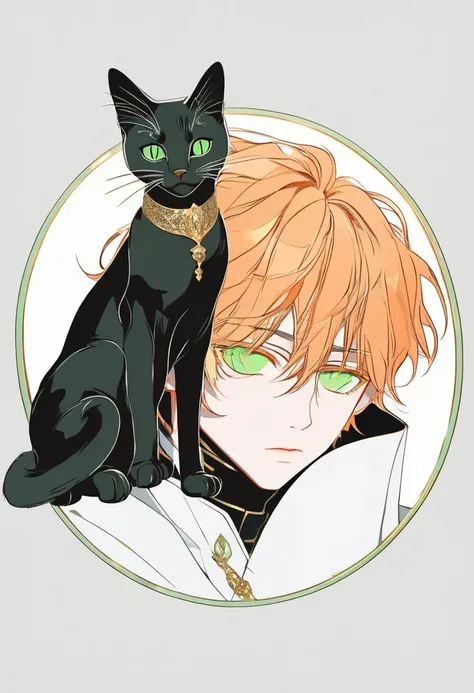 Masterpiece, ultra-detailed, Anime boy, pouty lips, long layered orange hair, light green eyes, white clothes, white prince outfit, one black cat in circle, simple yet elegant design, white background with gold border, vectorised and silhouetted, full-HD a...