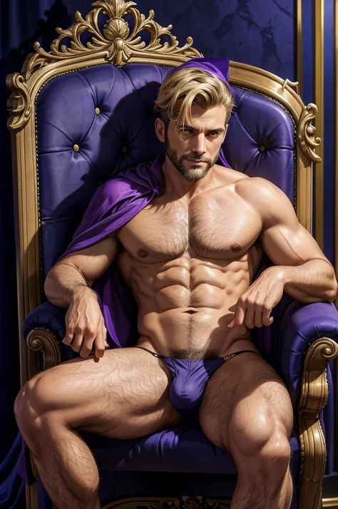 Homem de 40 anos de estatura mediana com lindos cabelos encaracolados pretos olhos verdes, a light well-groomed beard, naked wearing only short underwear and a cape with a grimoire in his hands sitting on a throne in a purple room