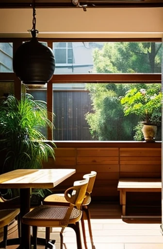 Imagine a retro Japanese coffee shop。The interior is decorated with warm wooden tables and chairs.、There is a nostalgic atmosphere。The outside view and light come in through the window.。Let your long-haired cat relax in the window seat.。Cats have beautiful...