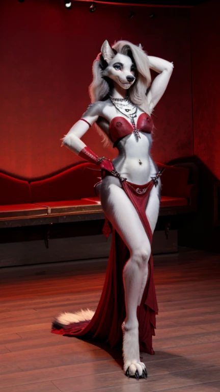 Loona, hellhound, furry demon wolf, sexy navel, sexy skinny body, demon bellydancer, red dress, red shirt, red gloves, jewelry, bloody moon, seductive belly dancing, sexy dancing pose, hell palace, floor, red veilcloth over the mouth