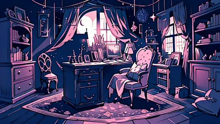 background、highest quality、detailed、gothic atmosphere、Room illustration、、Illustration in black and pink tones、spacious room、night、深night、窓から美しいnight空、lace curtains、Gothic bed、one chandelier、Gothic furniture、bookshelf、Plush rug、There are no living things、wi...