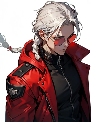 concept art ,human male  ,clear skin ,red eyewear , white hair,long braided ,zip red coat  , black gloves  , cool