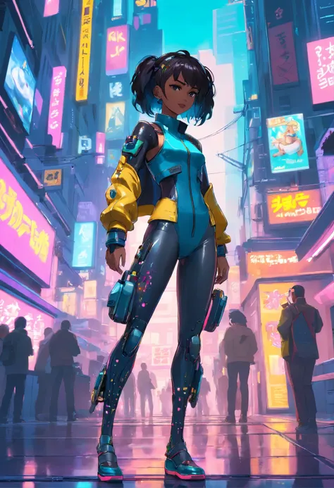 femme cyberpunk + GTA5 + Le gang des Looney Tunes épiques, Incredibly detailed cyberpunk robotic chrome skintight outfit., highly detailed futuristic with many studded textures that dance to afro sounds